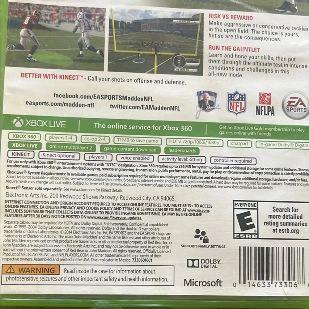Xbox 360 Madden NFL 15 Football Video Game - Green Case EUC